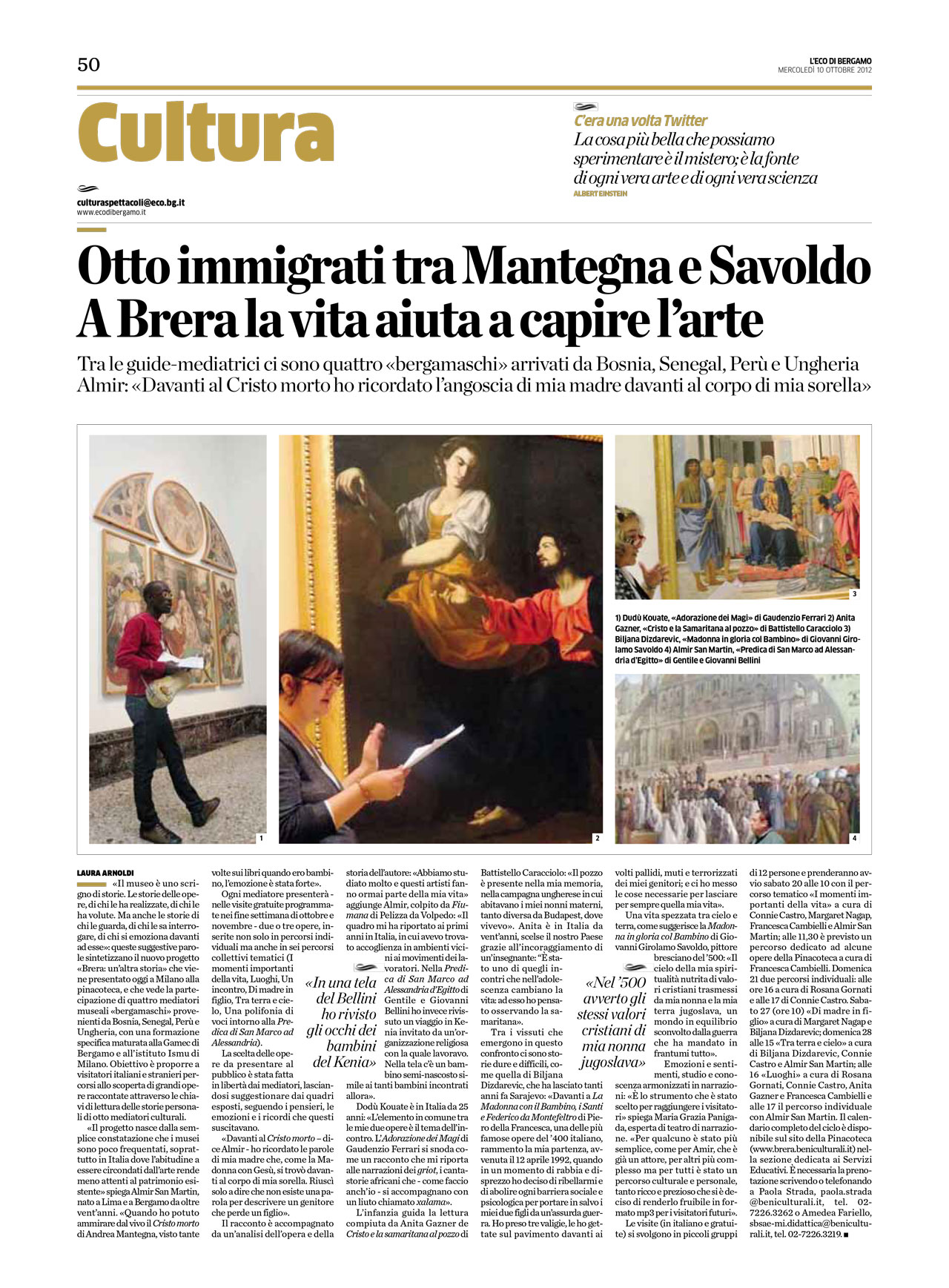 Scansione dell'articolo “Otto immigrati tra Mantegna e Savoldo. A Brera la vita aiuta a capire l’arte”, Eco di Bergamo, 10 ottobre 2012.