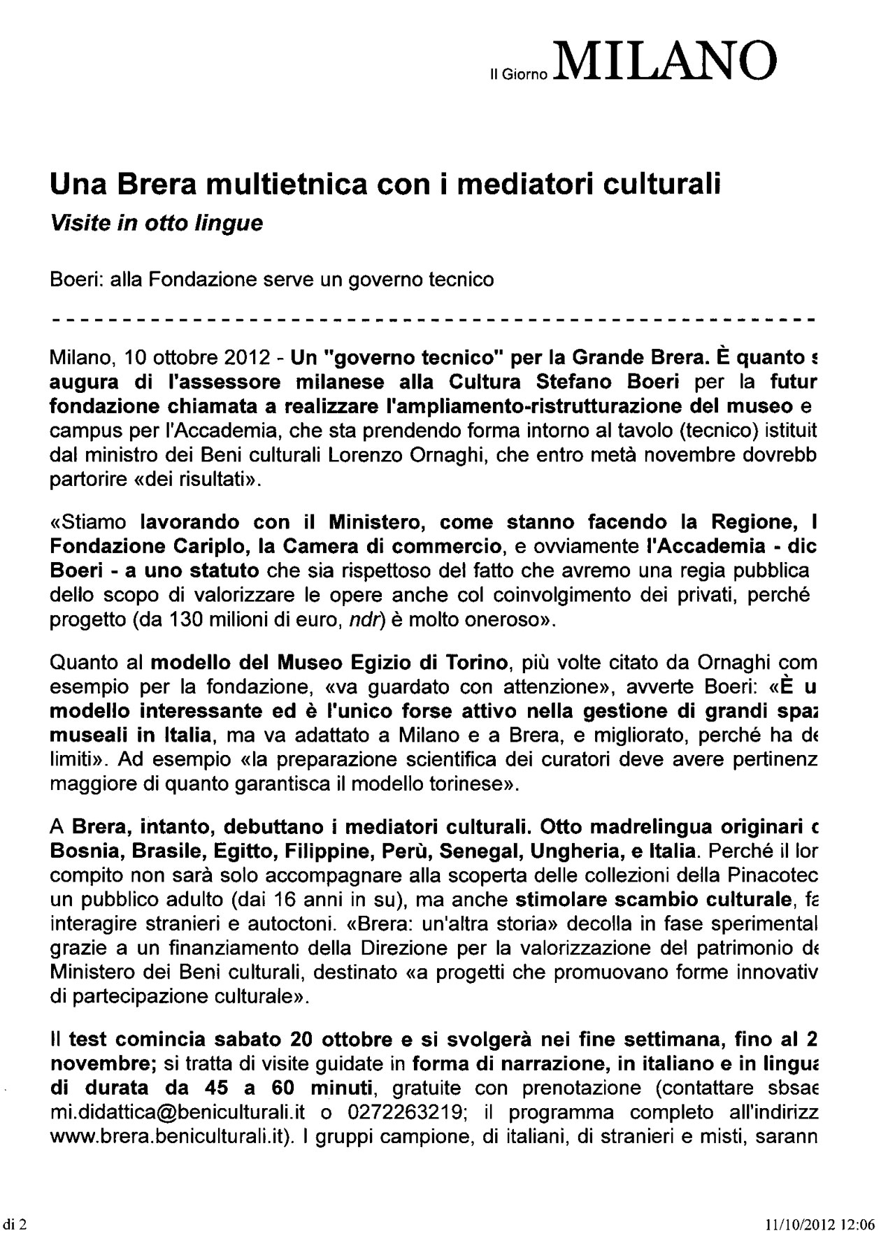 Scansione dell'articolo “Una Brera multietnica con i mediatori culturali”, Il Giorno online, 11 ottobre 2012 - pagina 1